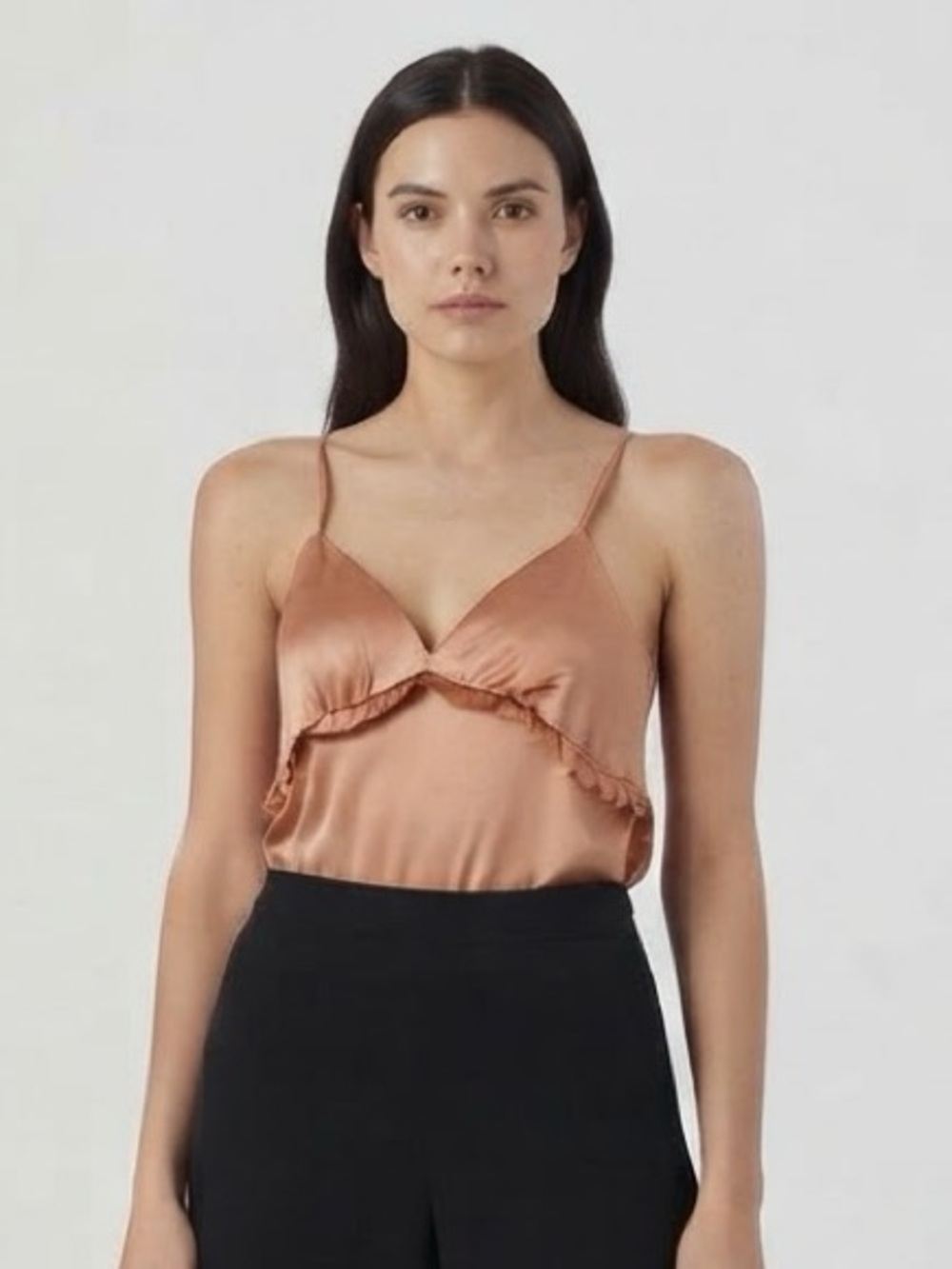 FOREVER 21 SATIN RUFFLE-TRIM BODYSUIT